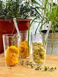 verrines filled with cauliflower tapenade topped with and oregano and lemongrass